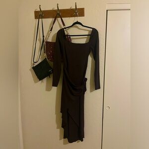 Aritzia Saturn Long Sleeve Brown Asymmetric Midi Dress